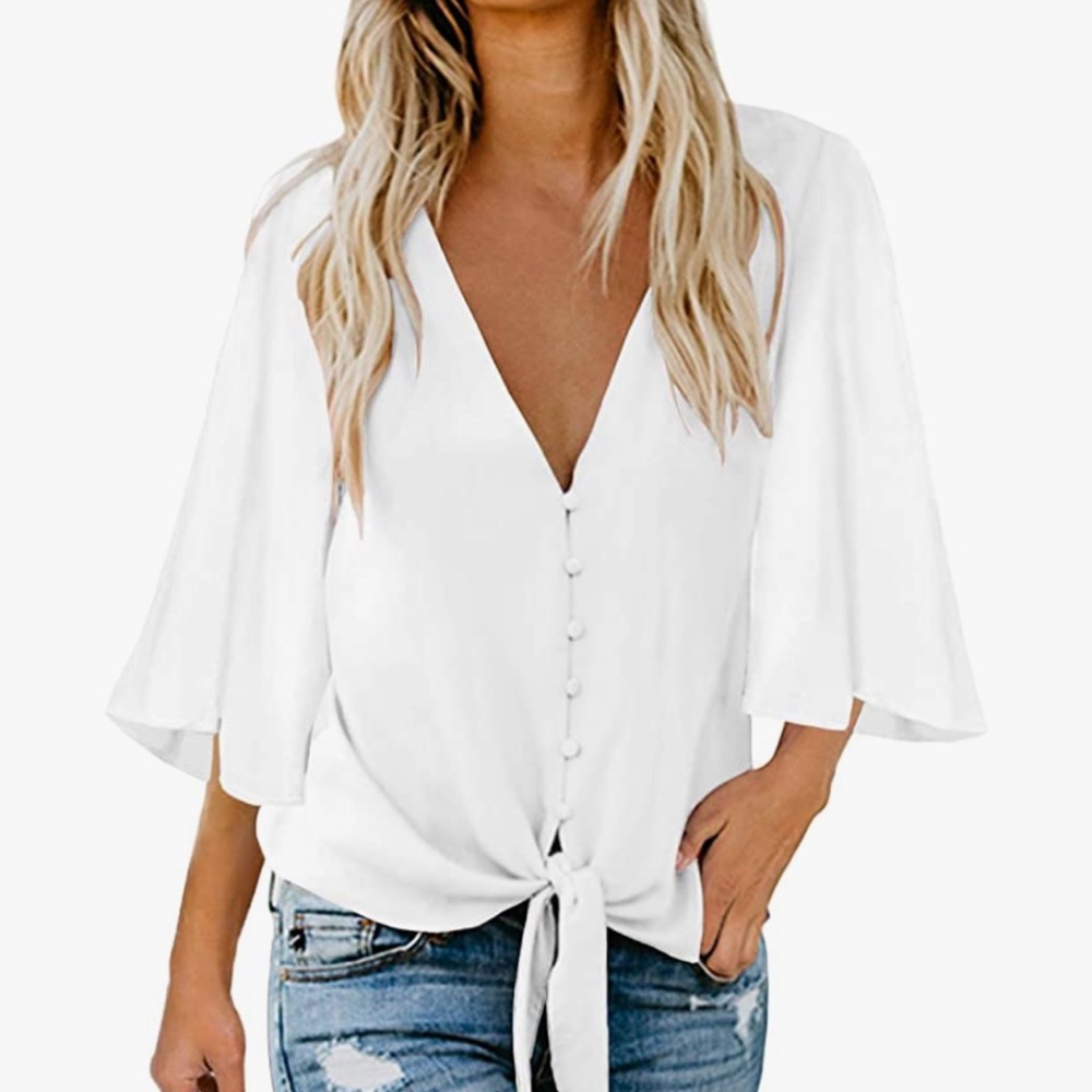 Woman v neck top ruffle 3/4 sleeve tie knot top - Picture 1 of 3